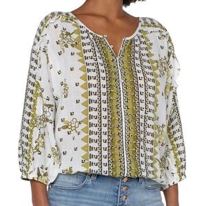 Liverpool White Boho Raela Ruffle Dolman Sleeve Popover Blouse Med White Green